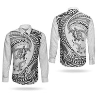 Hawaiian Turtle and Shark Couples Matching Long Sleeve Bodycon Dress and Long Sleeve Button Shirt Kakau Tribal with Polynesian Pattern White Color