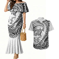 Hawaiian Turtle and Shark Couples Matching Mermaid Dress and Hawaiian Shirt Kakau Tribal with Polynesian Pattern White Color