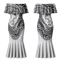 Hawaiian Turtle and Shark Couples Matching Mermaid Dress and Hawaiian Shirt Kakau Tribal with Polynesian Pattern White Color