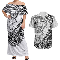 Hawaiian Turtle and Shark Couples Matching Off Shoulder Maxi Dress and Hawaiian Shirt Kakau Tribal with Polynesian Pattern White Color