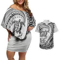 Hawaiian Turtle and Shark Couples Matching Off Shoulder Short Dress and Hawaiian Shirt Kakau Tribal with Polynesian Pattern White Color
