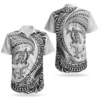 Hawaiian Turtle and Shark Couples Matching Off Shoulder Short Dress and Hawaiian Shirt Kakau Tribal with Polynesian Pattern White Color
