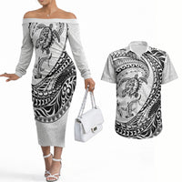 Hawaiian Turtle and Shark Couples Matching Off The Shoulder Long Sleeve Dress and Hawaiian Shirt Kakau Tribal with Polynesian Pattern White Color
