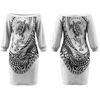 Hawaiian Turtle and Shark Couples Matching Off The Shoulder Long Sleeve Dress and Hawaiian Shirt Kakau Tribal with Polynesian Pattern White Color