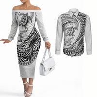 Hawaiian Turtle and Shark Couples Matching Off The Shoulder Long Sleeve Dress and Long Sleeve Button Shirt Kakau Tribal with Polynesian Pattern White Color