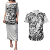 Hawaiian Turtle and Shark Couples Matching Puletasi and Hawaiian Shirt Kakau Tribal with Polynesian Pattern White Color