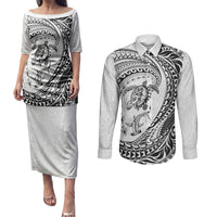 Hawaiian Turtle and Shark Couples Matching Puletasi and Long Sleeve Button Shirt Kakau Tribal with Polynesian Pattern White Color