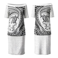 Hawaiian Turtle and Shark Couples Matching Puletasi and Long Sleeve Button Shirt Kakau Tribal with Polynesian Pattern White Color