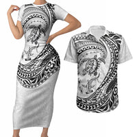 Hawaiian Turtle and Shark Couples Matching Short Sleeve Bodycon Dress and Hawaiian Shirt Kakau Tribal with Polynesian Pattern White Color