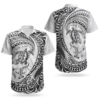 Hawaiian Turtle and Shark Couples Matching Short Sleeve Bodycon Dress and Hawaiian Shirt Kakau Tribal with Polynesian Pattern White Color