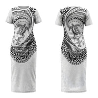 Hawaiian Turtle and Shark Couples Matching Short Sleeve Bodycon Dress and Hawaiian Shirt Kakau Tribal with Polynesian Pattern White Color