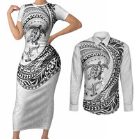 Hawaiian Turtle and Shark Couples Matching Short Sleeve Bodycon Dress and Long Sleeve Button Shirt Kakau Tribal with Polynesian Pattern White Color