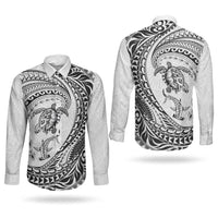 Hawaiian Turtle and Shark Couples Matching Short Sleeve Bodycon Dress and Long Sleeve Button Shirt Kakau Tribal with Polynesian Pattern White Color