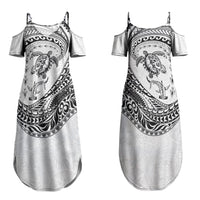 Hawaiian Turtle and Shark Couples Matching Summer Maxi Dress and Hawaiian Shirt Kakau Tribal with Polynesian Pattern White Color