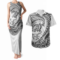 Hawaiian Turtle and Shark Couples Matching Tank Maxi Dress and Hawaiian Shirt Kakau Tribal with Polynesian Pattern White Color