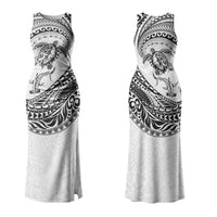 Hawaiian Turtle and Shark Couples Matching Tank Maxi Dress and Hawaiian Shirt Kakau Tribal with Polynesian Pattern White Color