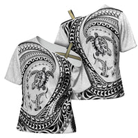 Hawaiian Turtle and Shark Cross Shoulder Shirt Kakau Tribal with Polynesian Pattern White Color