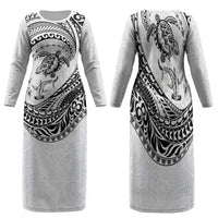Hawaiian Turtle and Shark Family Matching Long Sleeve Bodycon Dress and Hawaiian Shirt Kakau Tribal with Polynesian Pattern White Color