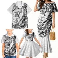 Hawaiian Turtle and Shark Family Matching Mermaid Dress and Hawaiian Shirt Kakau Tribal with Polynesian Pattern White Color