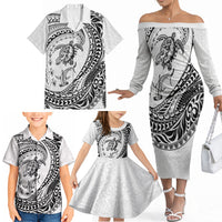 Hawaiian Turtle and Shark Family Matching Off The Shoulder Long Sleeve Dress and Hawaiian Shirt Kakau Tribal with Polynesian Pattern White Color
