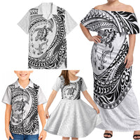 Hawaiian Turtle and Shark Family Matching Off Shoulder Maxi Dress and Hawaiian Shirt Kakau Tribal with Polynesian Pattern White Color