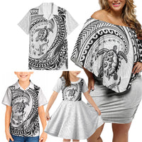 Hawaiian Turtle and Shark Family Matching Off Shoulder Short Dress and Hawaiian Shirt Kakau Tribal with Polynesian Pattern White Color