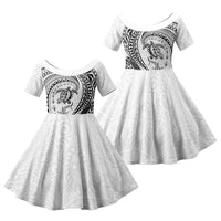 Hawaiian Turtle and Shark Family Matching Puletasi and Hawaiian Shirt Kakau Tribal with Polynesian Pattern White Color