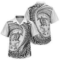 Hawaiian Turtle and Shark Family Matching Puletasi and Hawaiian Shirt Kakau Tribal with Polynesian Pattern White Color