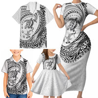 Hawaiian Turtle and Shark Family Matching Short Sleeve Bodycon Dress and Hawaiian Shirt Kakau Tribal with Polynesian Pattern White Color