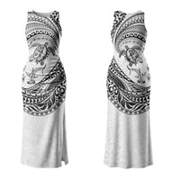 Hawaiian Turtle and Shark Family Matching Tank Maxi Dress and Hawaiian Shirt Kakau Tribal with Polynesian Pattern White Color