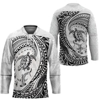 Hawaiian Turtle and Shark Hockey Jersey Kakau Tribal with Polynesian Pattern White Color