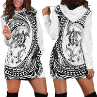 Hawaiian Turtle and Shark Hoodie Dress Kakau Tribal with Polynesian Pattern White Color