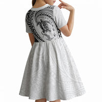 Hawaiian Turtle and Shark Kid Short Sleeve Dress Kakau Tribal with Polynesian Pattern White Color