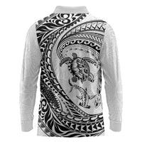Hawaiian Turtle and Shark Long Sleeve Polo Shirt Kakau Tribal with Polynesian Pattern White Color