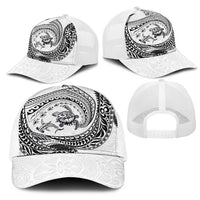 Hawaiian Turtle and Shark Mesh Trucker Cap Kakau Tribal with Polynesian Pattern White Color