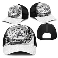 Hawaiian Turtle and Shark Mesh Trucker Cap Kakau Tribal with Polynesian Pattern White Color