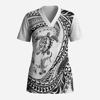 Hawaiian Turtle and Shark Scrub Top Kakau Tribal with Polynesian Pattern White Color