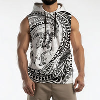 Hawaiian Turtle and Shark Sleeveless Hoodie Kakau Tribal with Polynesian Pattern White Color