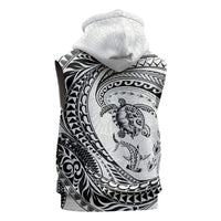 Hawaiian Turtle and Shark Sleeveless Zip Hoodie Kakau Tribal with Polynesian Pattern White Color