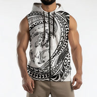 Hawaiian Turtle and Shark Sleeveless Zip Hoodie Kakau Tribal with Polynesian Pattern White Color
