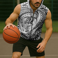 Hawaiian Turtle and Shark Sleeveless Zip Hoodie Kakau Tribal with Polynesian Pattern White Color
