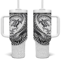 Hawaiian Turtle and Shark Tumbler With Handle Kakau Tribal with Polynesian Pattern White Color