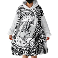 Hawaiian Turtle and Shark Wearable Blanket Hoodie Kakau Tribal with Polynesian Pattern White Color