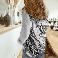 Hawaiian Turtle and Shark Women Casual Shirt Kakau Tribal with Polynesian Pattern White Color