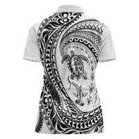 Hawaiian Turtle and Shark Women Polo Shirt Kakau Tribal with Polynesian Pattern White Color