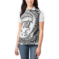 Hawaiian Turtle and Shark Women Polo Shirt Kakau Tribal with Polynesian Pattern White Color