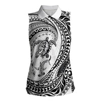 Hawaiian Turtle and Shark Women Sleeveless Polo Shirt Kakau Tribal with Polynesian Pattern White Color