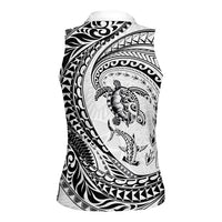 Hawaiian Turtle and Shark Women Sleeveless Polo Shirt Kakau Tribal with Polynesian Pattern White Color