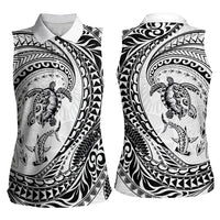 Hawaiian Turtle and Shark Women Sleeveless Polo Shirt Kakau Tribal with Polynesian Pattern White Color