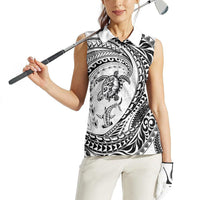 Hawaiian Turtle and Shark Women Sleeveless Polo Shirt Kakau Tribal with Polynesian Pattern White Color